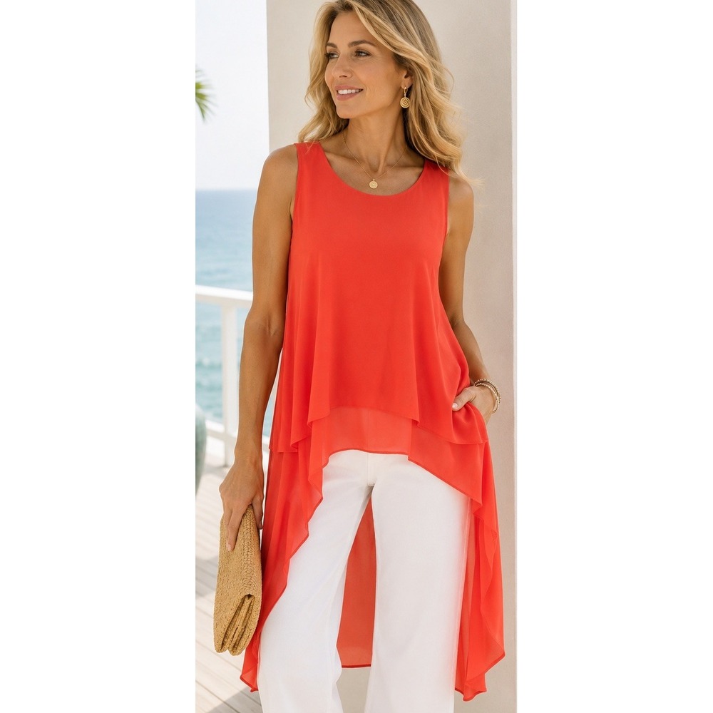 Frank Lyman Red Chiffon Hi Lo Tunic  Blouse Size 4 Made in Canada